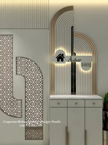 A unique entryway design featuring a custom jali-patterned panel and a modern, illuminated nameplate. This creates a grand and personalized first impression.