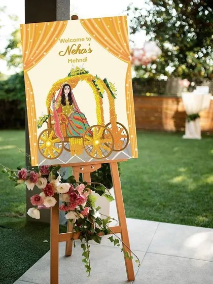 I can also arrange for custom illustrated welcome signs for your events. This one for a Mehndi ceremony adds a unique and personal touch to the entrance decor.
