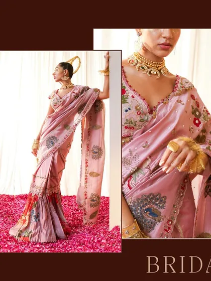An example of a beautiful, modern take on a Maharashtrian bridal saree, blending traditional motifs with contemporary design.