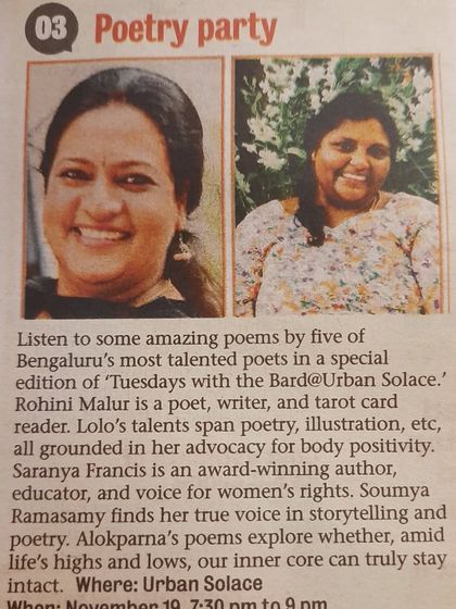 Our "Poetry party" made the papers! This clipping announces another special edition of our poetry night, featuring five more incredible poets from the city.