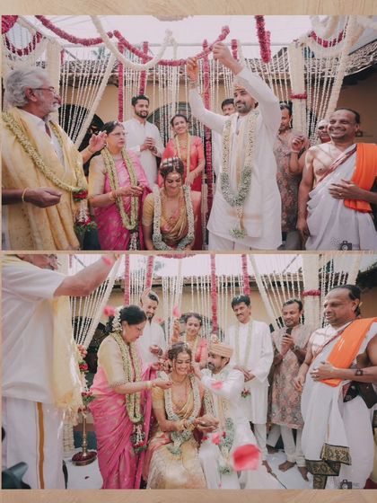 The couple surrounded by family as they perform the wedding rituals, a testament to the importance of family blessings.