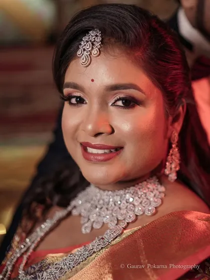 Our gorgeous bride Sheethal at her reception. She is wearing a grand, multi-layered diamond-look CZ set that is sure to turn heads.