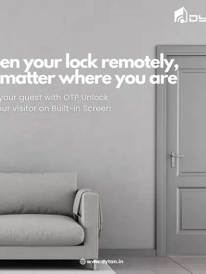 This graphic illustrates how you can open your lock remotely, allow guests in with an OTP unlock, and see your visitor on a built-in screen.