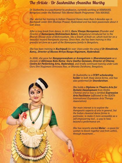 An introduction to the artist, detailing her journey in dance and her dedication to the art form, as part of her Arangetram promotion.