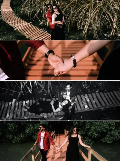 A collage of artistic shots from the couple's shoot on a wooden bridge, from holding hands to lying down together.