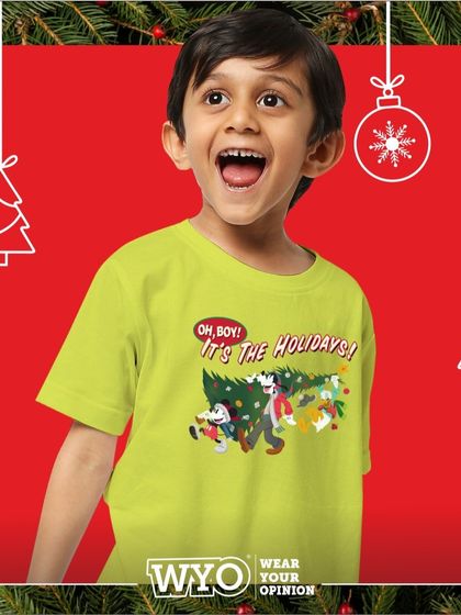"Oh Boy! It's the Holidays!" This fun Disney-themed Christmas t-shirt shows Mickey and Pluto getting into the festive spirit, perfect for energetic kids.