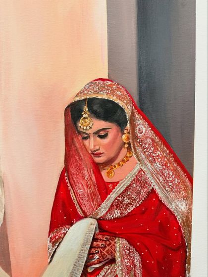 A close-up of the bride from a Sikh wedding painting. I love capturing the delicate details of the bridal lehenga and the serene look of the bride.