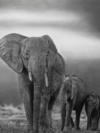 This powerful pencil drawing depicts a family of elephants with incredible realism. The artist has masterfully rendered the wrinkled skin texture and the gentle strength of these magnificent animals.