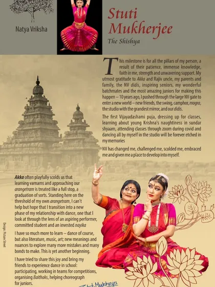 A beautiful brochure design for Stuti Mukherjee's arangetram, featuring a heartfelt message from her about her journey and our guru-shishya relationship.