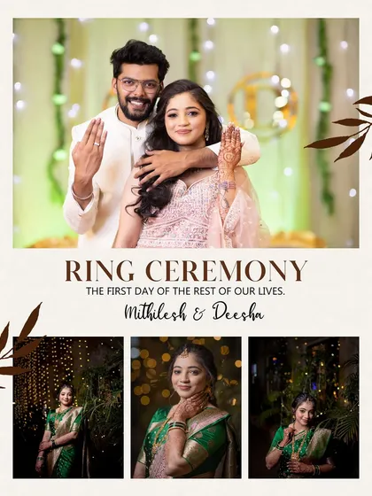 A collage from a ring ceremony, showing the happy couple and elegant portraits of the bride in her green saree.