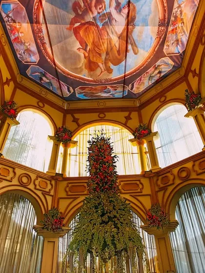 Our creativity isn't limited to outdoor lawns. We can transform any indoor space into a royal darbar, complete with intricate architecture and breathtaking ceiling art. This shows our range in creating opulent, European-inspired wedding decor.