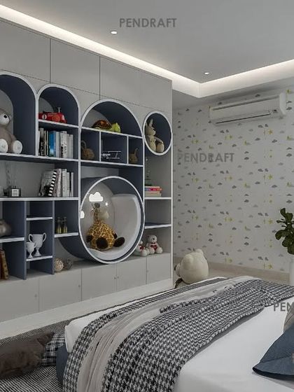 This playful bookshelf was designed for the same room, with circular nooks and varied shelf sizes to display toys and books, making organization fun.