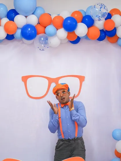 A Blippi-themed photo booth adds to the fun of a character party. We can customize decorations and setups to match any theme.