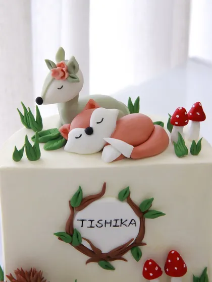 A close-up of the adorable, handcrafted woodland animal toppers on Tishika's half birthday cake.