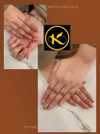 This is a great example of a subtle yet stylish manicure. The client chose a natural nude base for her extensions, with a touch of gold glitter on the accent nails for a hint of glamour.