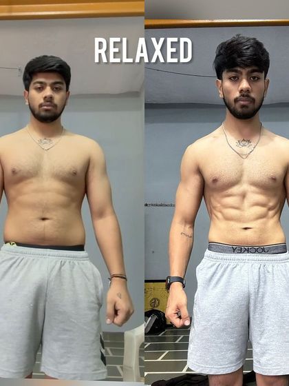 A relaxed before-and-after shot of Rishabh. Even without flexing, the difference in his body composition, especially the reduction in belly fat and the emergence of abs, is remarkable.