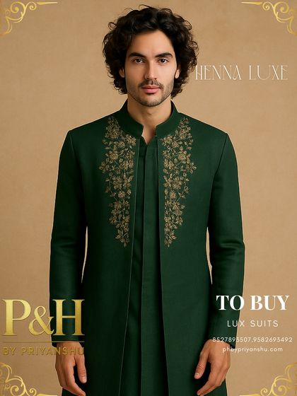 A portrait shot capturing the refined and majestic feel of this dark green ensemble.