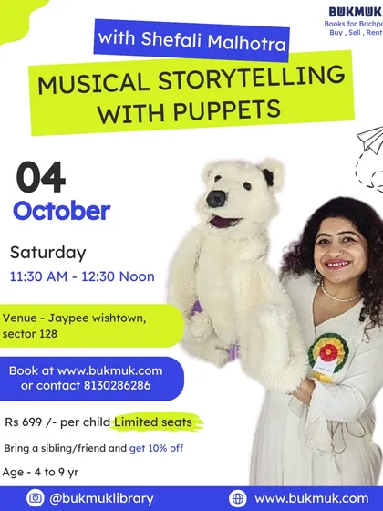 This is what my musical storytelling sessions look like. I combine stories with puppets, like my popular polar bear, to create an interactive and fun experience for children aged 4 to 9. These events are held in small groups to ensure every child gets to participate.
