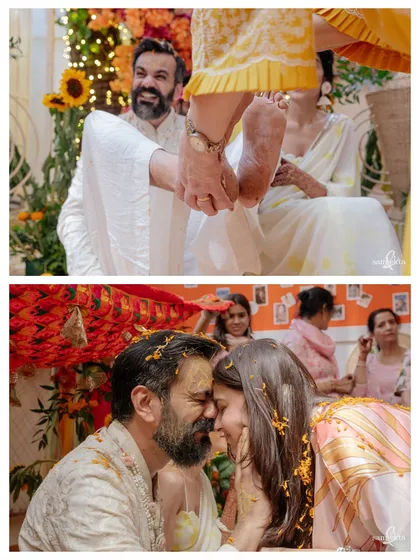 A collage from Nikki and Vishal's intimate haldi and mehendi celebration. From playful moments to emotional hugs, it shows the range of feelings that fill these pre-wedding events.