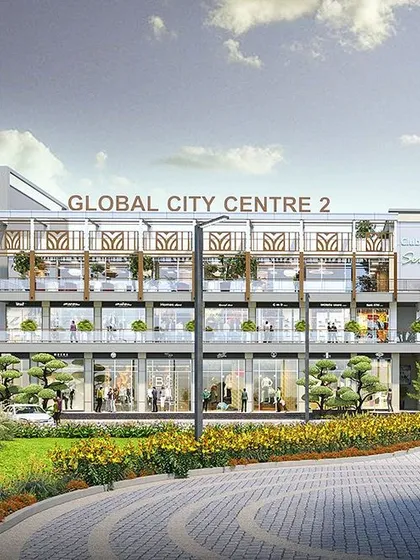 A full view of the Global City Centre 2 project in Gurgaon. This design tackles the challenge of underused upper floors in commercial buildings by integrating a full-service clubhouse and terrace amenities, adding significant lifestyle and financial value.