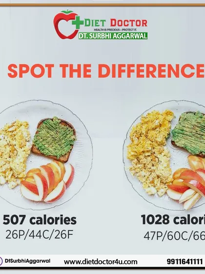 Small changes in ingredients can make a big difference in calories. This image shows how adding healthy fats like peanut butter can double the calories of a meal, highlighting the importance of portion awareness.
