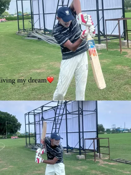 A collage of Pushkar Raj practicing his batting. He is a dedicated player with a bright future.