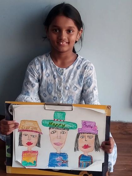 Bhanavi, a 2nd standard student, drew her family in a creative style using oil pastels. This piece shows her unique approach to drawing portraits with fun hats and expressions.