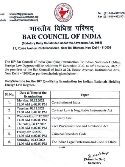 This is an official notice from the Bar Council of India detailing the schedule for the 18th qualifying examination for Indian nationals with foreign law degrees. It covers key papers like Constitution of India, CrPC, and Contract Law.