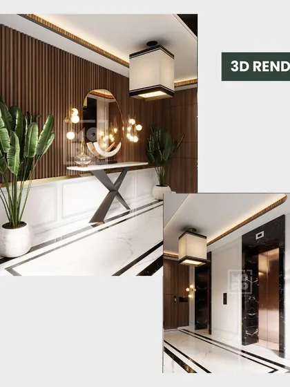 A side-by-side comparison of the 3D render and the final execution for our Santacruz lobby. Our detailed renders help clients visualize every detail before construction even begins.