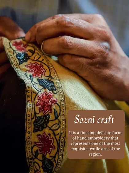 Sozni is a fine and delicate form of hand embroidery, renowned for its exquisite detail. We draw inspiration from this textile art, incorporating its motifs and precision into our designs to add a layer of softness and cultural richness.