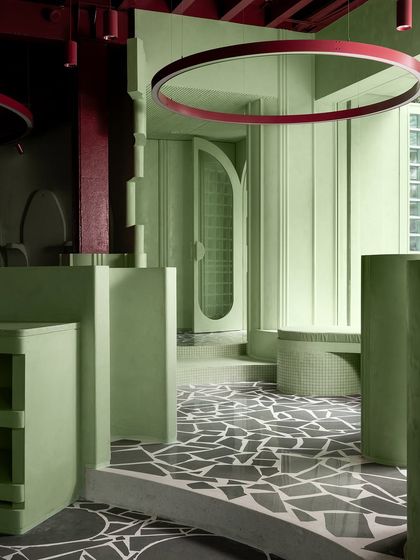 Our terrazzo flooring provides a durable and artistic surface that unifies the entire 'Sorbet' showroom, from the entrance to the back.