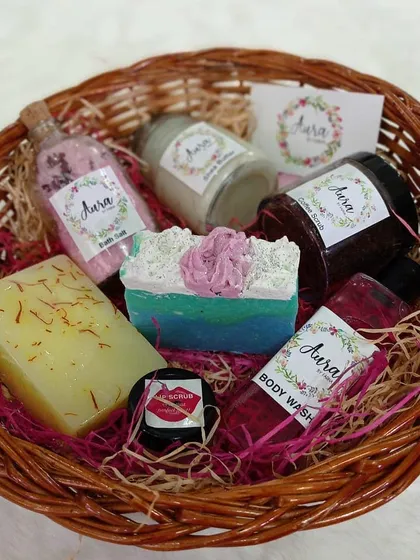 A beautiful basket of my bath and body treats. This collection includes saffron soap, a cupcake soap, body wash, lip scrub, and bath salts, all ready for a home spa day.