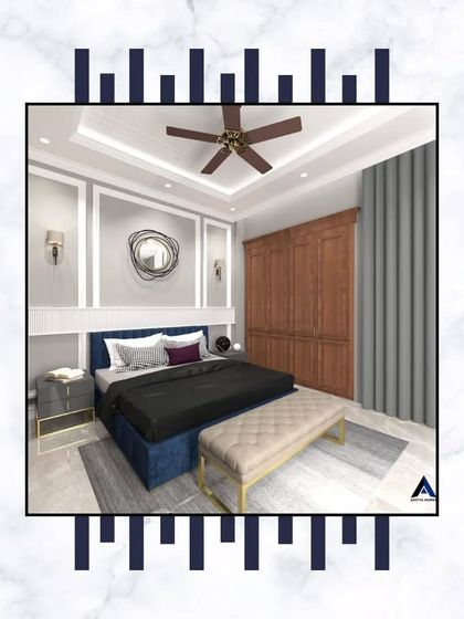 Another bedroom design concept, this one featuring a plush upholstered bed, elegant side tables, and sophisticated wall treatments with a modern mirror.