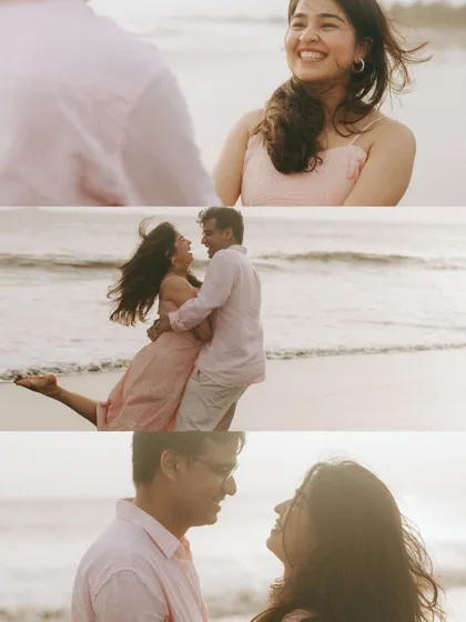 A collage of candid moments from Ritu and Tarush's beach shoot. From a joyful lift to a shared laugh, this collection showcases the fun and playful side of their relationship.