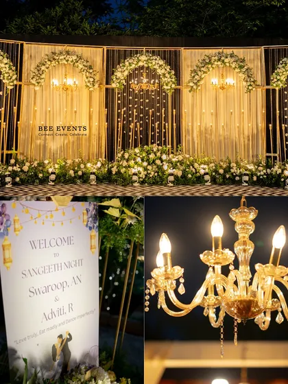 A collage showcasing the details of a luxurious gold-themed Sangeet night. From the grand stage with cascading lights and floral arches to the personalized welcome sign, every element contributes to a premium and unforgettable pre-wedding event.