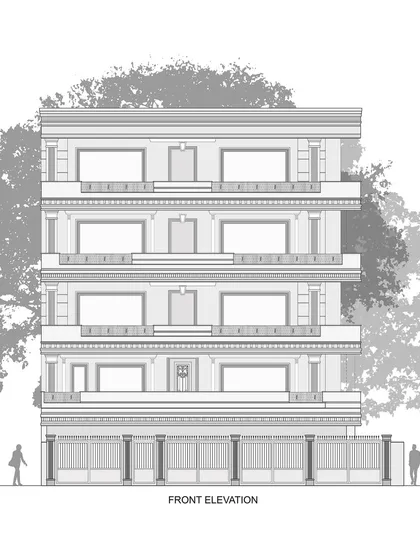 The front elevation drawing for the KAIRA residence. This technical drawing details the proportions and placement of the neo-classical elements that define the building's facade.