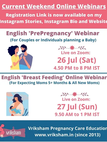 An upcoming schedule for my English 'Pre-Pregnancy' and 'Breast Feeding' online webinars. These live sessions are a great way to get your questions answered in a supportive environment.