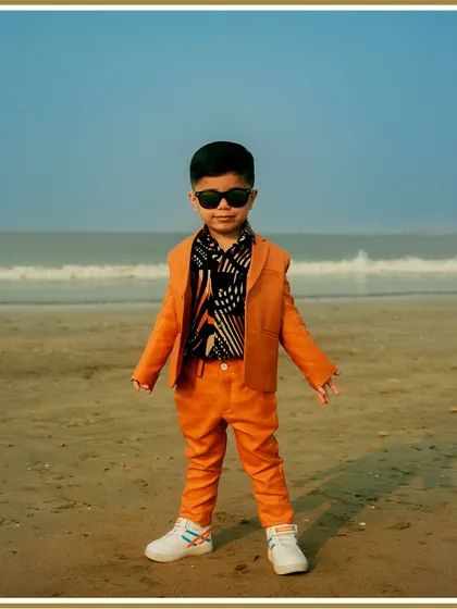 A moment of pure style. This little gentleman is ready for his party in a custom-made orange suit, showcasing a perfect fit that allows him to be comfortable and confident.