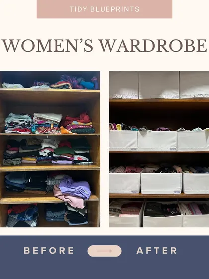 This is the reality of so many wardrobes before we start: piles of clothes that make you feel like you have nothing to wear. The 'after' shows how creating simple, labeled categories in bins can bring instant calm and make getting dressed a joy again.