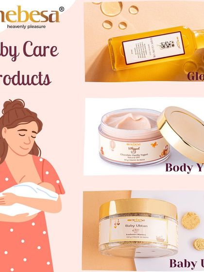 My range of baby care products offers complete nourishment. This includes the Glow Oil, a rich Body Yogurt, and the traditional Baby Ubtan, all formulated with the best natural ingredients like coconut oil, shea butter, and Kashmiri Mamra almonds.