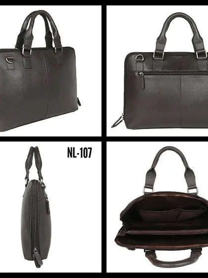 A multi-angle view of our slim leather laptop briefcase, model NL-107. Crafted in a deep brown, it features sturdy handles, a detachable shoulder strap, and organized interior pockets for documents and devices, designed for corporate environments.