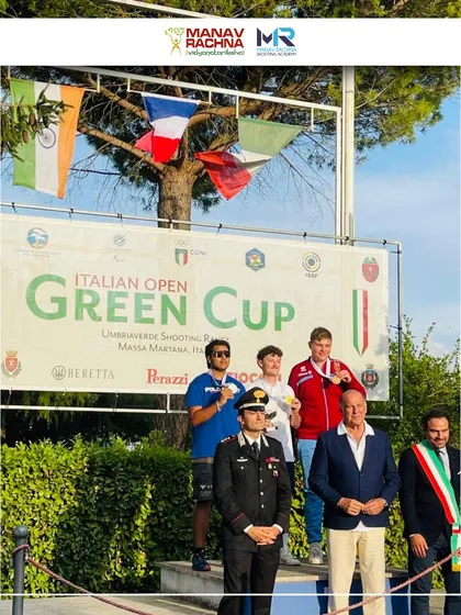 The Indian flag flies high in Italy. Our shooter Aryavansh Tyagi stands proudly on the podium with fellow medalists at the Italian Open Green Cup, a testament to his world-class performance.
