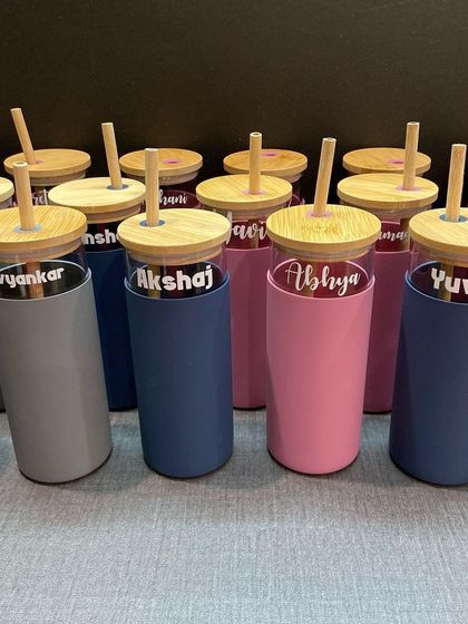 A bulk order of our glass tumblers with silicone sleeves, personalised for a special event. They are a chic and useful favor that guests will love.