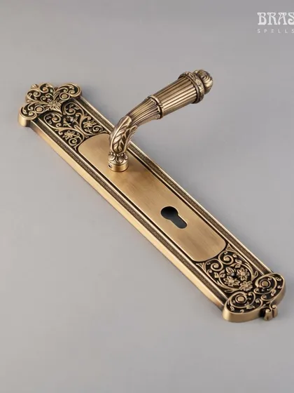 The Monsella door lever in an antique brass finish. The handle's form is complemented by an ornamental backplate with intricate floral and scroll details, making it a statement of artisan craftsmanship.