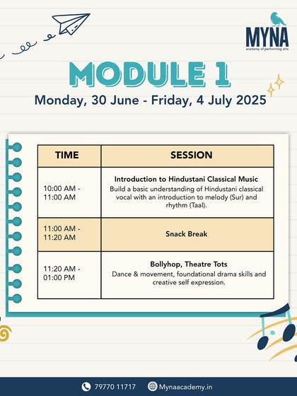 Here is the schedule for Module 1 of our Stage Stars workshop. It includes an introduction to Hindustani classical music, focusing on *sur* and *taal*, followed by Bollyhop and Theatre Tots for creative self-expression.