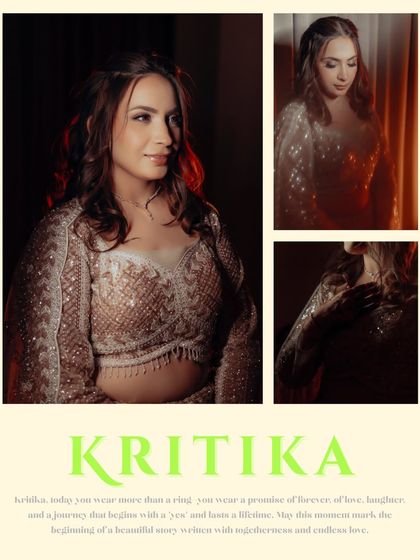A beautiful bridal portrait collage of Kritika. The warm lighting highlights the intricate details of her sparkling lehenga and her radiant smile, capturing her joy on her ring ceremony day.
