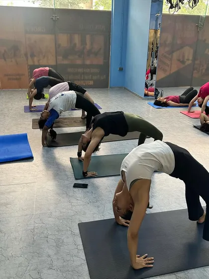 A line of students moving into Chakrasana together. The energy of a group practicing together is powerful and motivating for everyone in the room.