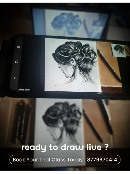 This image shows how you can follow along live, with a phone displaying the instructor's drawing right next to the student's own sketch.