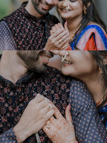 A collage of intimate moments from an engagement shoot, focusing on the couple's happy expressions and the detail of their intertwined hands.