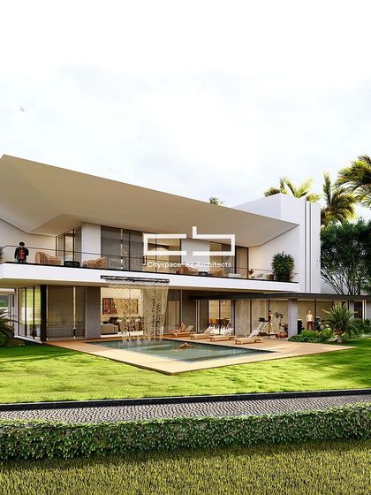 This residential facade is distinguished by its captivating design, featuring tapered cantilevers that enhance both form and function. Floor-to-ceiling windows amplify the home's openness, while a cascading waterfall feature adds natural tranquility and sophistication.